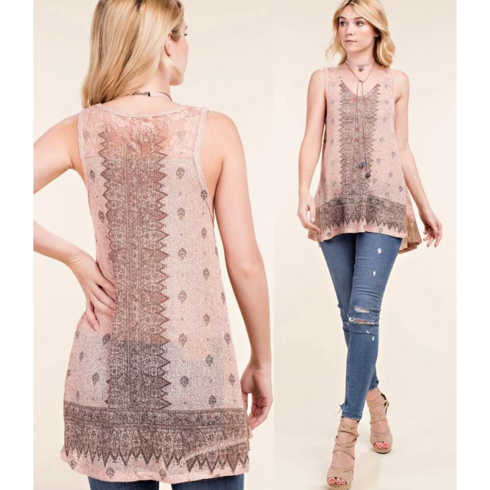 🔥Vocal Mystic Stones Lace Pink Peach Tank Top Shirt Western Boho Layering  XL